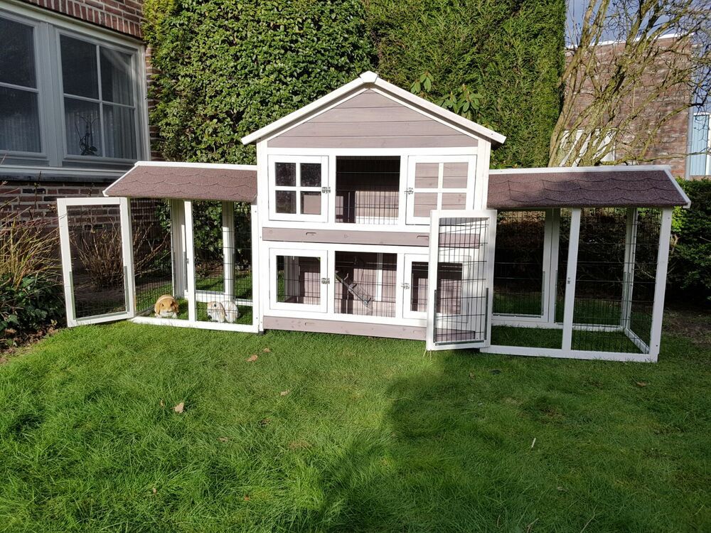 Konijnenhok Sisi met 2 rennen - Grijs/wit - 1x278x1 cm