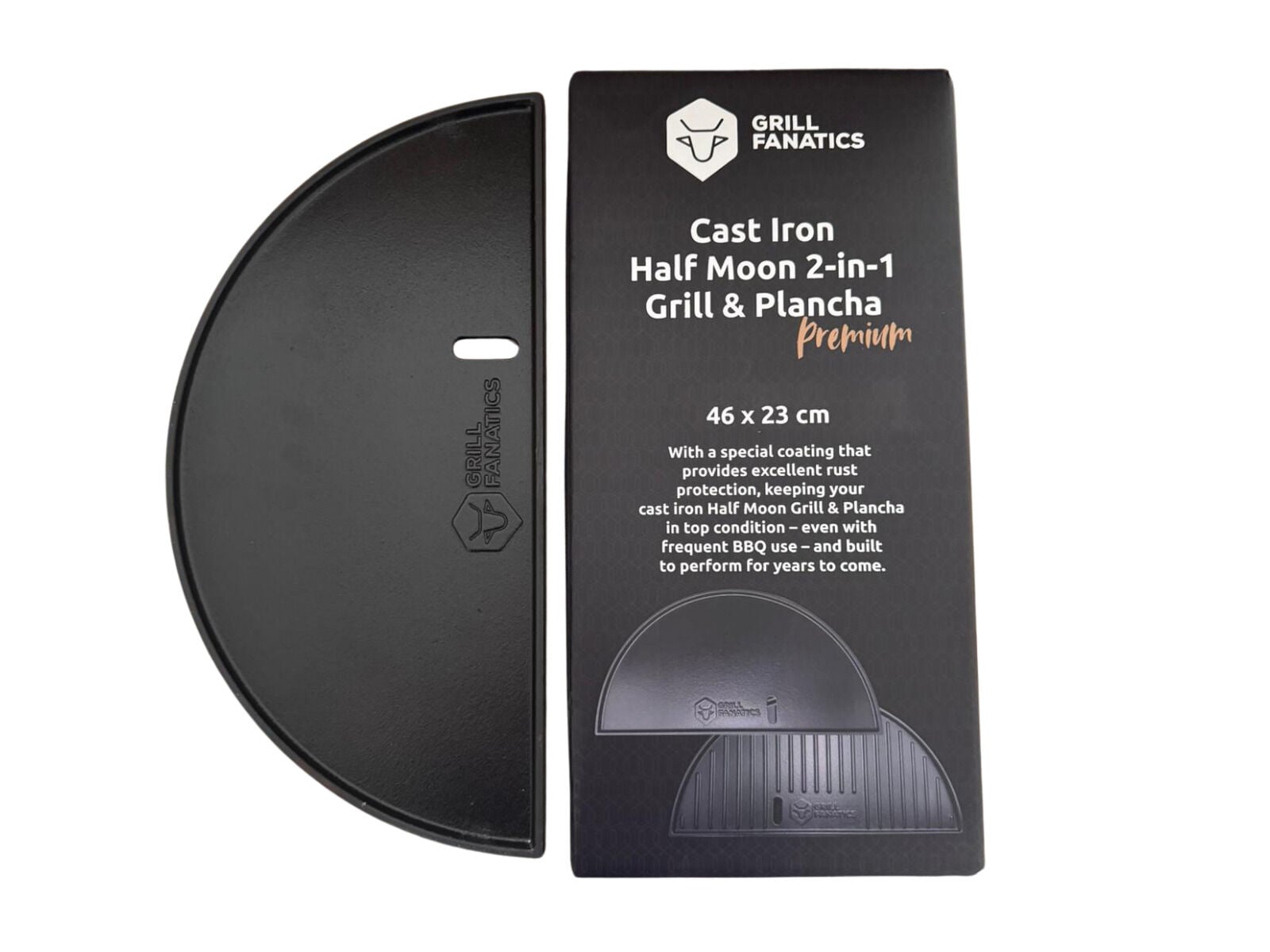 Grill Fanatics Half Moon 2in1 - Gietijzeren Grillplaat en Plancha - zwart