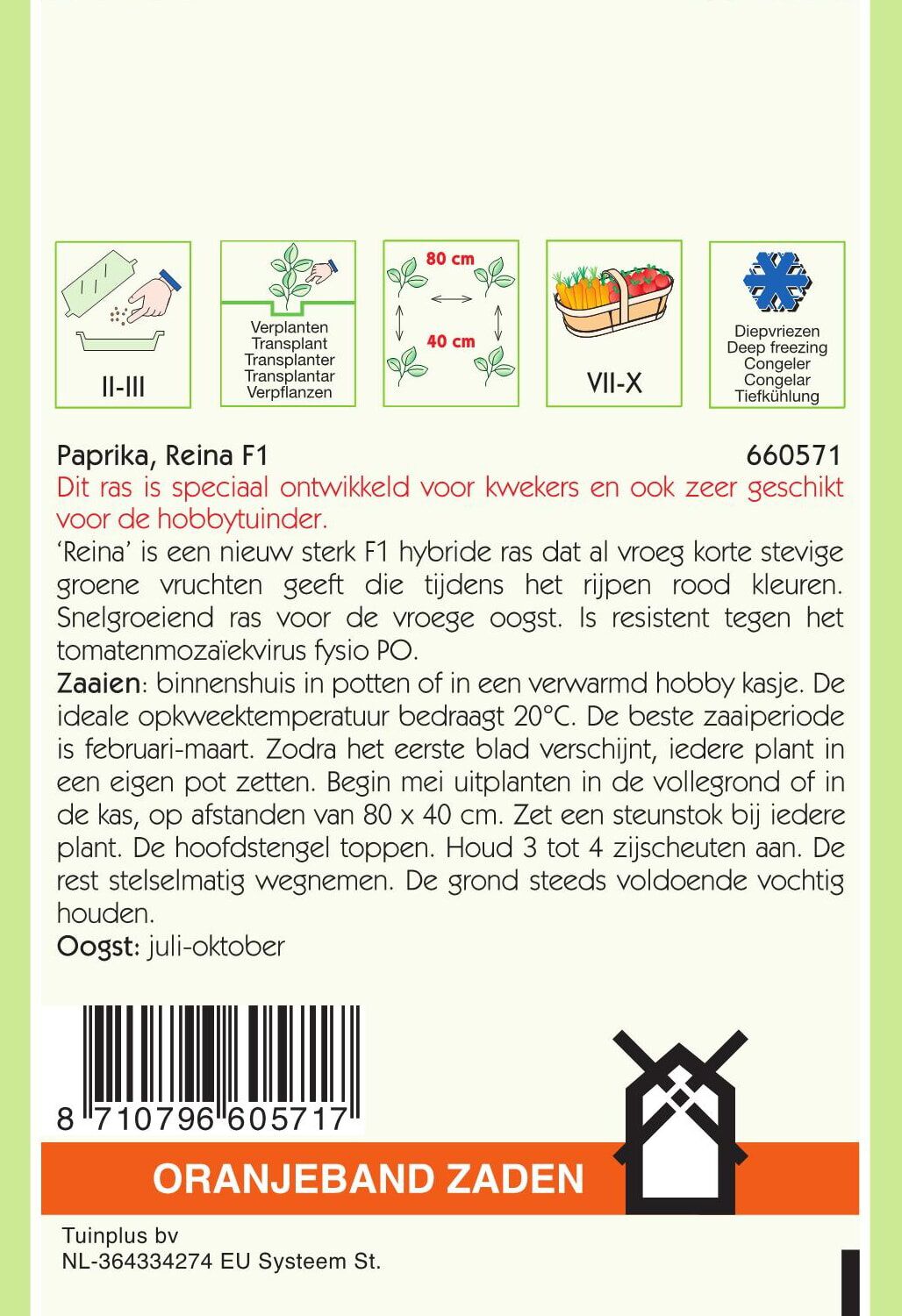 Oranjeband Paprika Reina F1 - Groentezaden