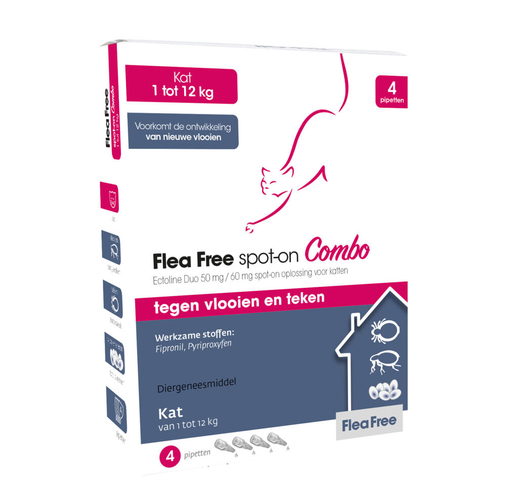 Flea Free Spot-On Combo Kat Pipetten - Vlooien- en tekenmiddel - 4 Stuks Flea Free Spot-On Combo Kat Pipetten - Vlooien- en tekenmiddel - 4 Stuks