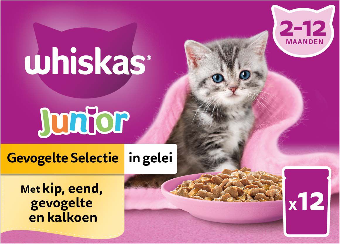 Whiskas  Junior Gevogelte Selectie in gelei - Kattenvoer - 12x85 gram - 1020 Gram - gelei