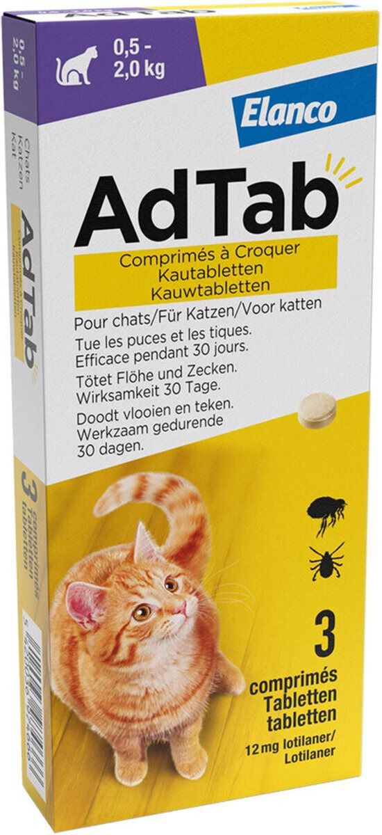 AdTab kauwtabletten kat 0.5-2 kg - Anti vlooien- en tekenmiddel - 3 Stuks - S