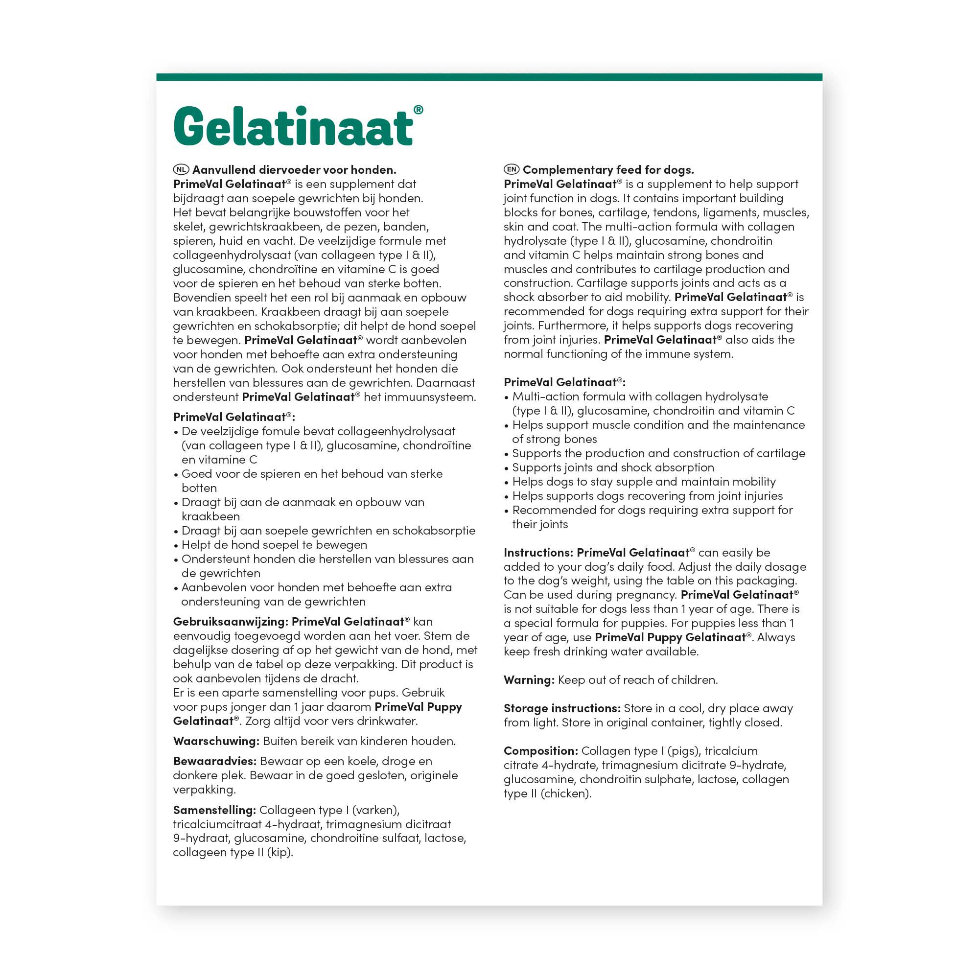 Primeval Gelatinaat - Soepele gewrichten Hond - 0.5 Kilogram