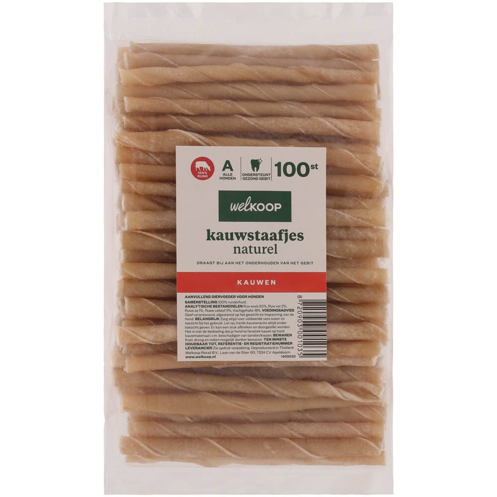 Welkoop - Kauwstaafjes Naturel - 100 Stuks - rund Welkoop - Kauwstaafjes Naturel - 100 Stuks - rund