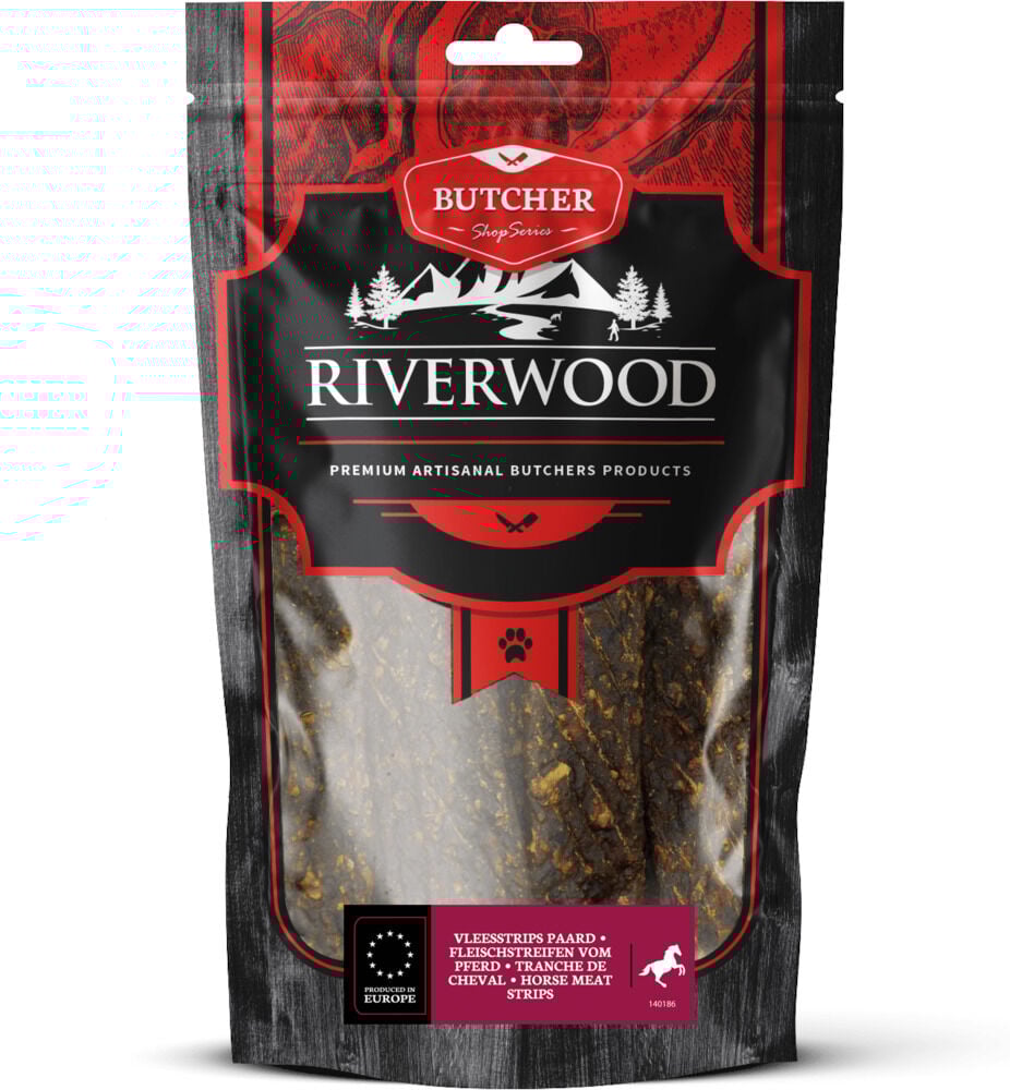 Riverwood Butcher Shop Series Vleesstrips - Hondensnack - 150 Gram - paard Riverwood Butcher Shop Series Vleesstrips - Hondensnack - 150 Gram - paard