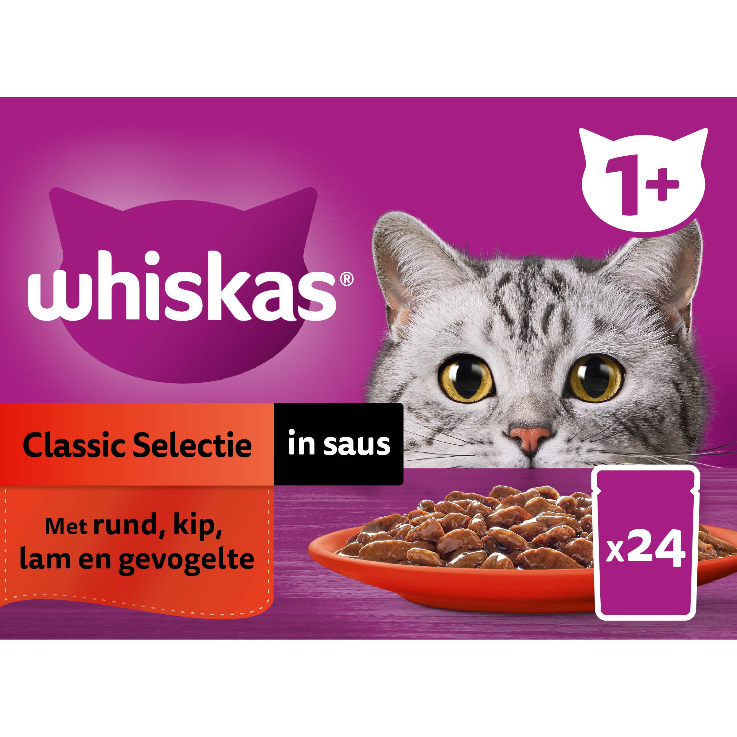 Whiskas  1+ Classic Selectie in saus - Kattenvoer - 24x85 gram - 2040 Gram - saus
