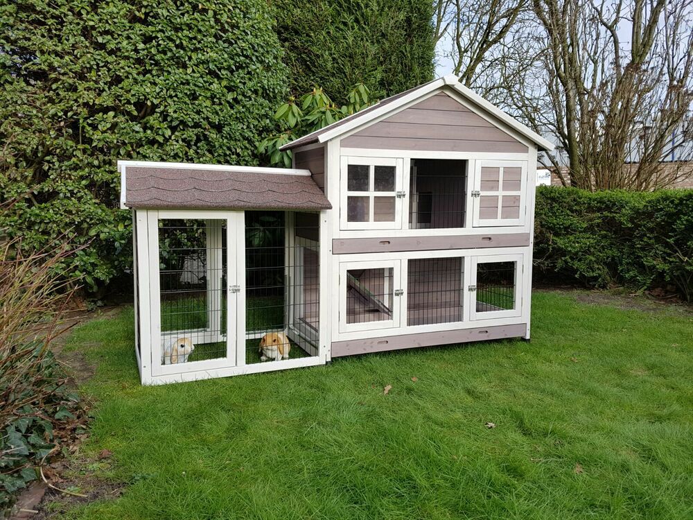 Rabbit konijnenhok Sisi met ren - Konijnenhok - 200x67x133 cm - Grijs/wit - Groot