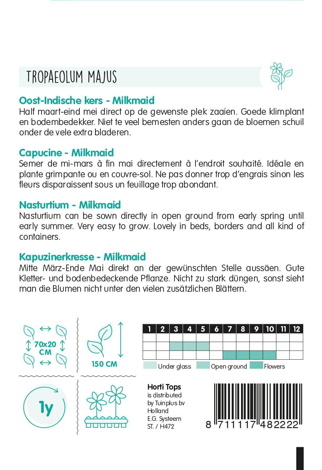 Hortitops Oost-indische kers Milkmaid Tropaeolum majus - Bloemzaden