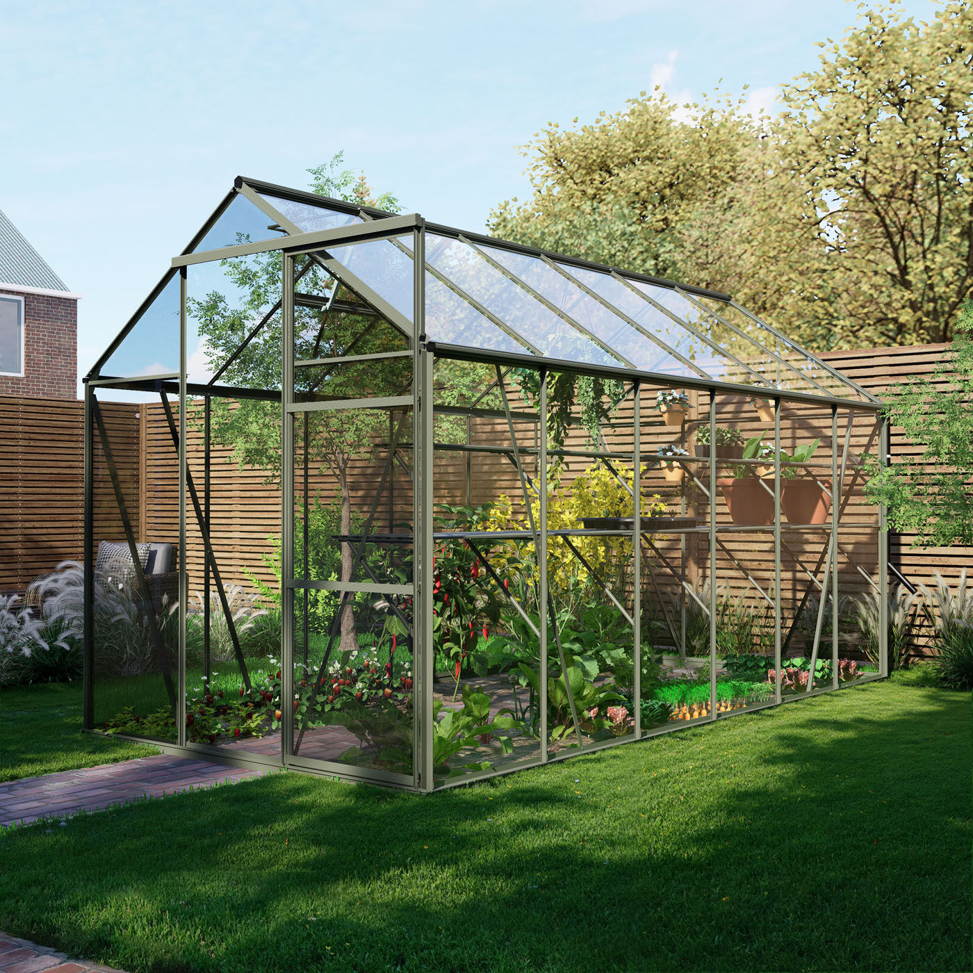 Royal Well Kate IV Full Options - Tuinkas - Groengrijs - 217x192x375 cm - Veiligheidsglas Royal Well Kate IV Full Options - Tuinkas - Groengrijs - 217x192x375 cm - Veiligheidsglas