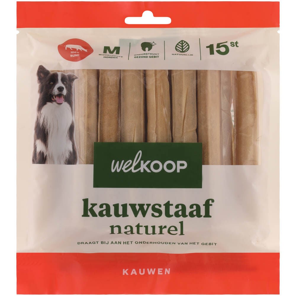 Welkoop - Kauwstaaf Naturel - 15 Stuks - rund - M Welkoop - Kauwstaaf Naturel - 15 Stuks - rund - M
