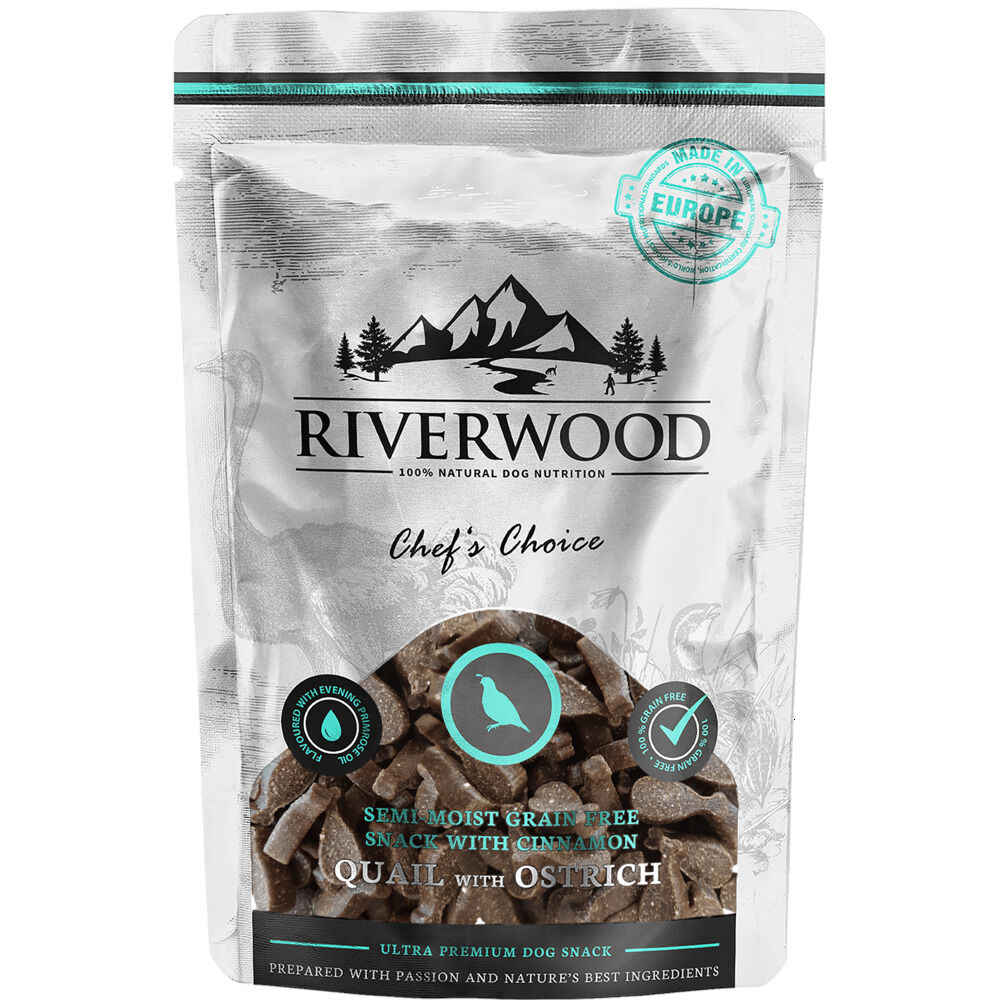 Riverwood Chef's Choice Semi Moist - Hondensnack - 200 Gram - Kwartel-Struisvogel Riverwood Chef's Choice Semi Moist - Hondensnack - 200 Gram - Kwartel-Struisvogel