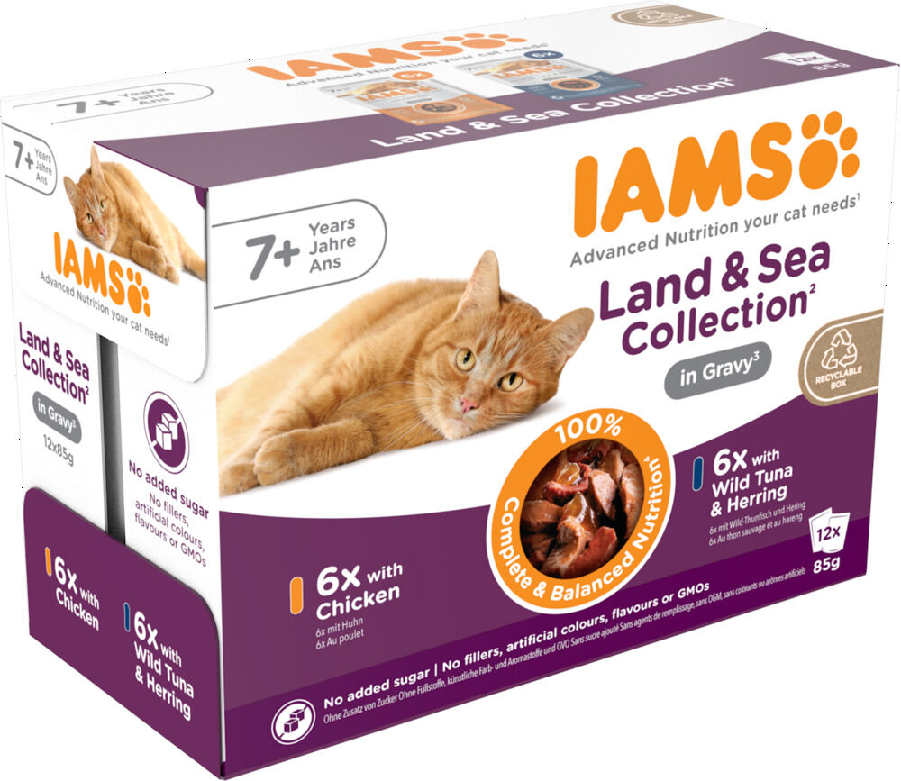 IAMS Delights Land & Sea Collection Senior - Kattenvoer - 12x85 gram - 1020 Gram - vis, kip