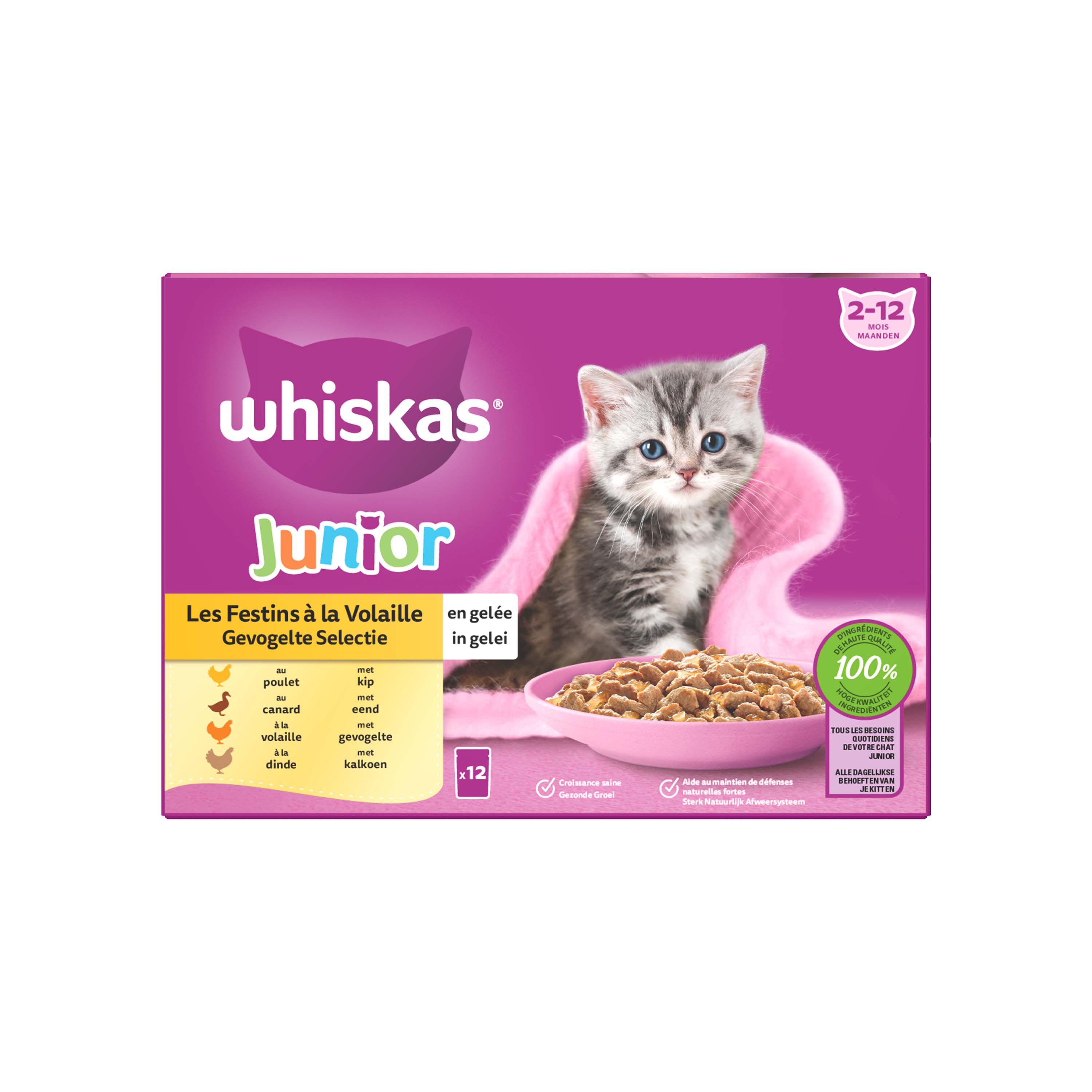 Whiskas  Junior Gevogelte Selectie in gelei - Kattenvoer - 12x85 gram - 1020 Gram - gelei