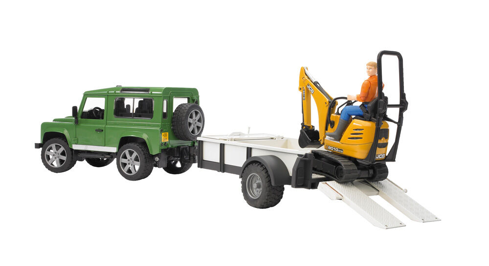 Bruder Land Rover Defender met trailer, JCB micro kraan en arbeider 1:16 - Vrachtwagens & auto's