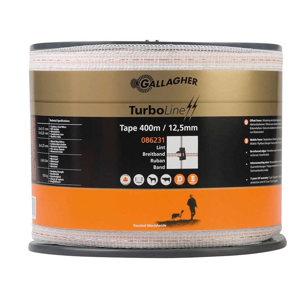 Gallagher TurboLine lint 12,5mm - 16.5 cm - 400 Meter - Wit - 1.25 cm - 40000 cm Gallagher TurboLine lint 12,5mm - 16.5 cm - 400 Meter - Wit - 1.25 cm - 40000 cm