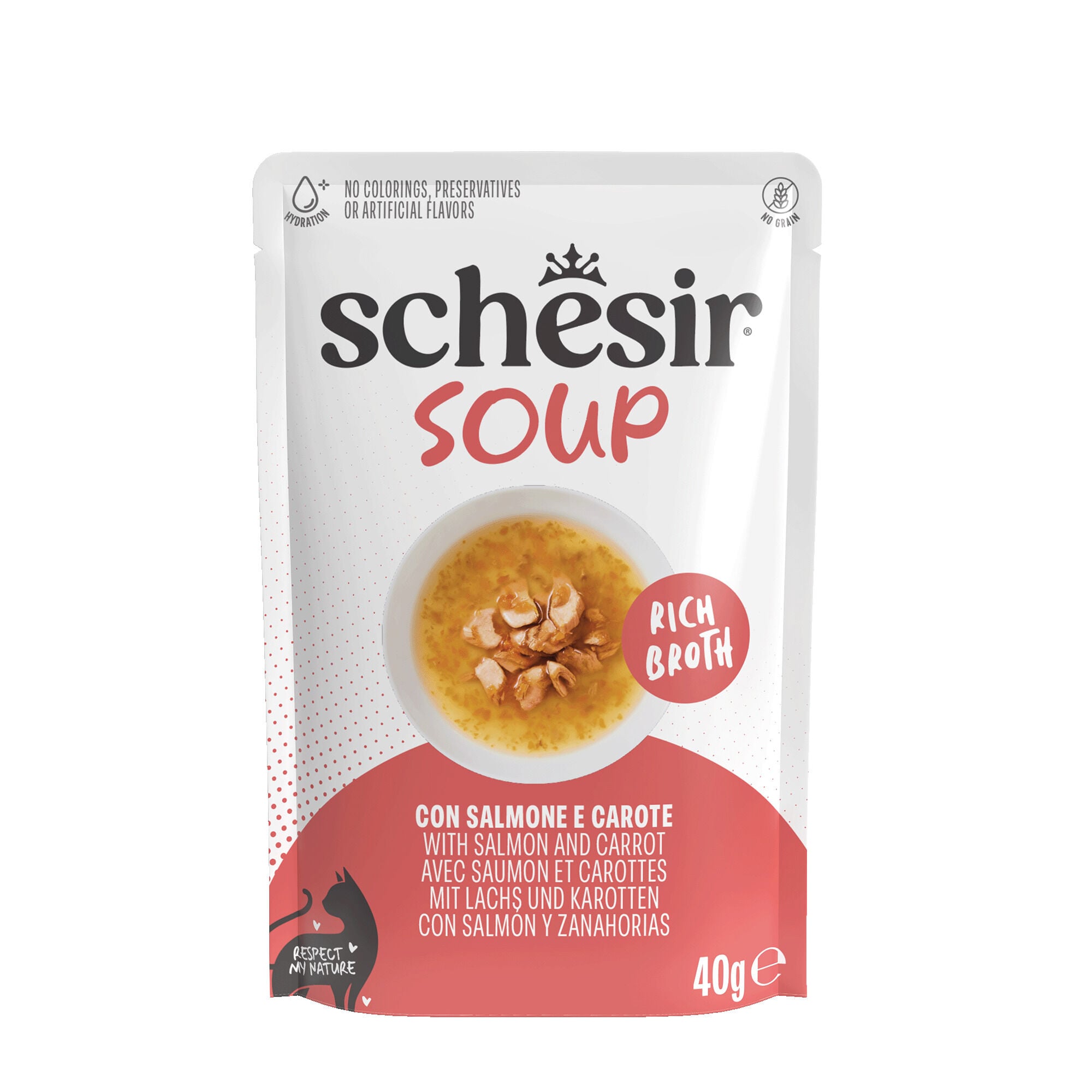 Schesir Soup Rich Broth - Kattenvoer - 40 Gram - Zalm & wortel Schesir Soup Rich Broth - Kattenvoer - 40 Gram - Zalm & wortel