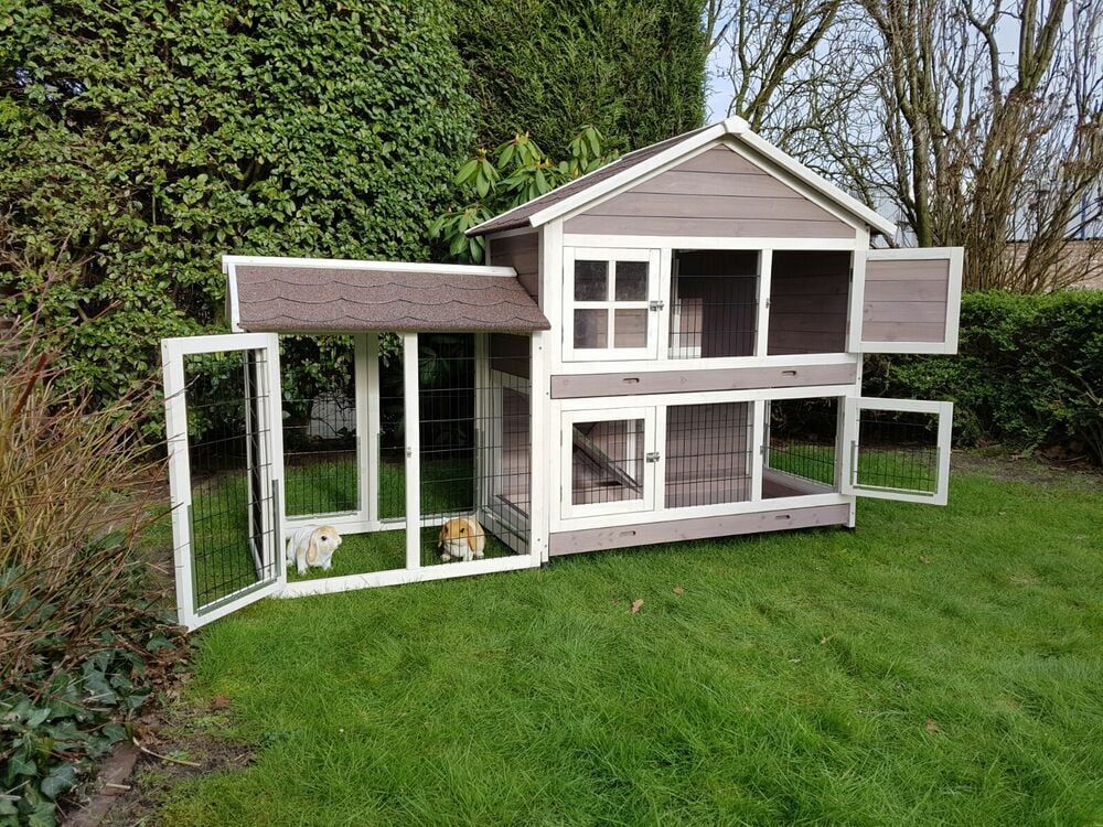 Rabbit konijnenhok Sisi met ren - Konijnenhok - 200x67x133 cm - Grijs/wit - Groot - Grijs/wit