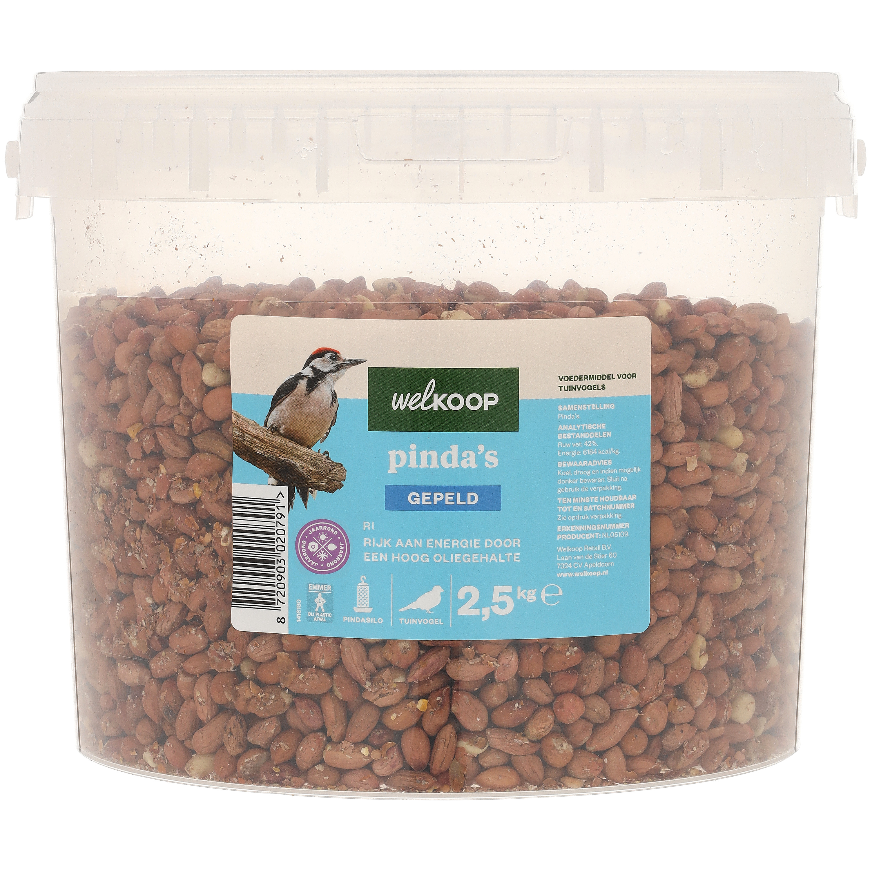 Welkoop Gepelde Pinda's in emmer - Tuinvogelvoer - 2.5 Kilogram - Pinda