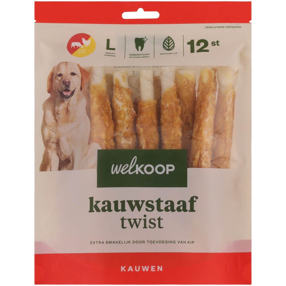 Welkoop - Kauwstaaf Twist - Extra Kipsmaak - 12 Stuks - kip rund