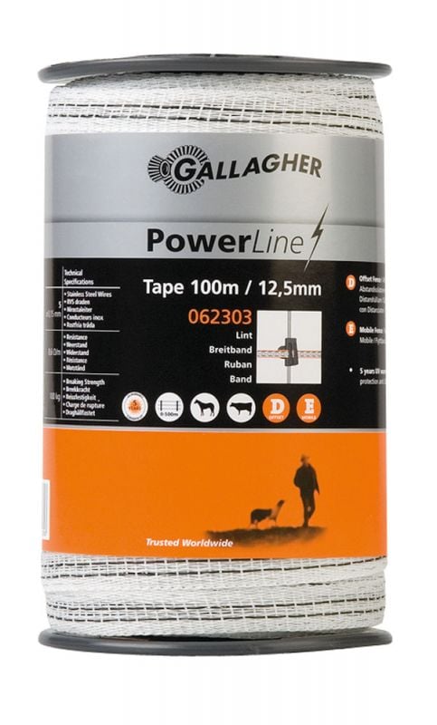 Gallagher Lint 12,5 mm - Powerline - 16.2 cm - 100 Meter - Wit - 1.25 cm - 10000 cm Gallagher Lint 12,5 mm - Powerline - 16.2 cm - 100 Meter - Wit - 1.25 cm - 10000 cm