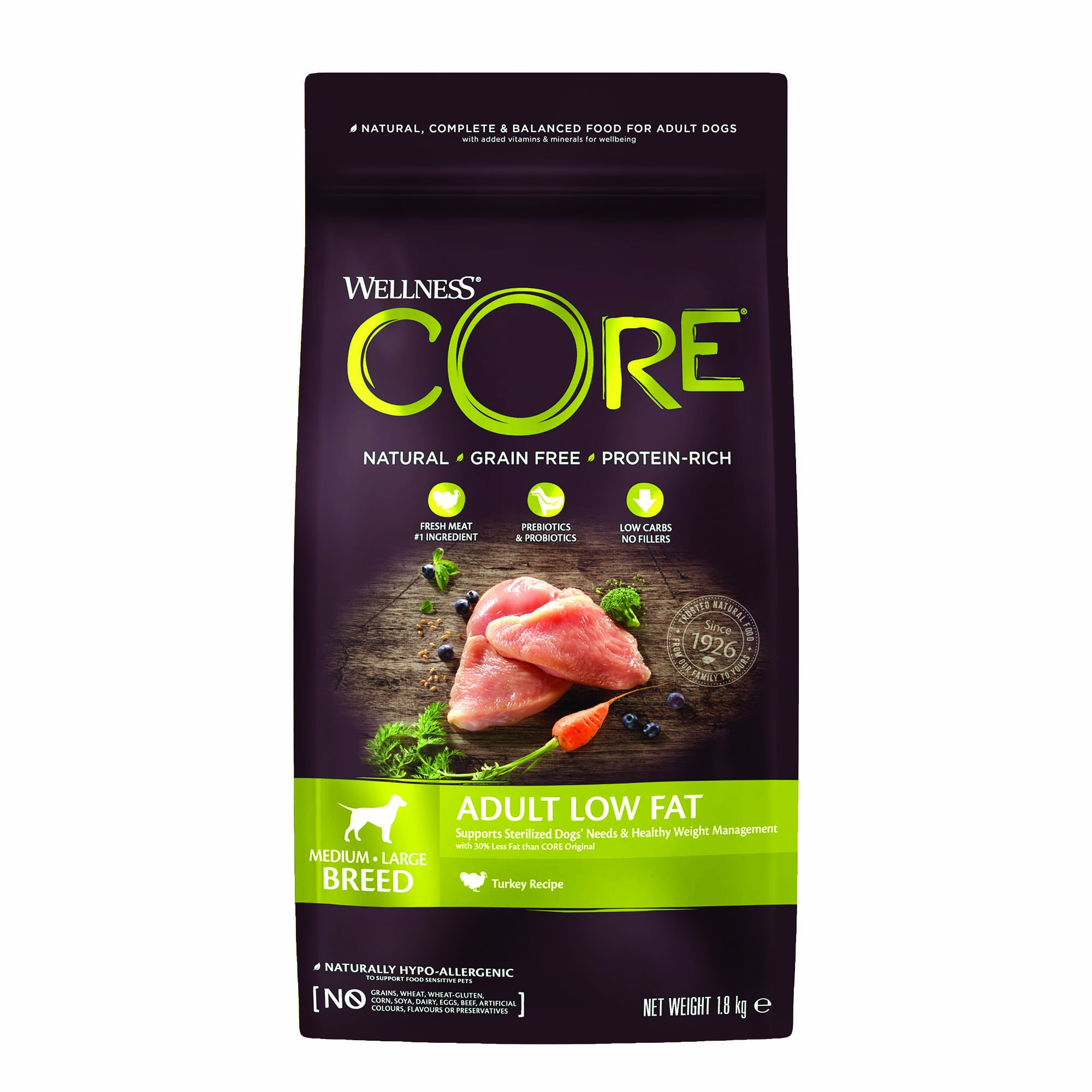 Wellness CORE Adult Low Fat Medium-Large- Breed - Hondenvoer - 1.8 Kilogram - kalkoen Wellness CORE Adult Low Fat Medium-Large- Breed - Hondenvoer - 1.8 Kilogram - kalkoen