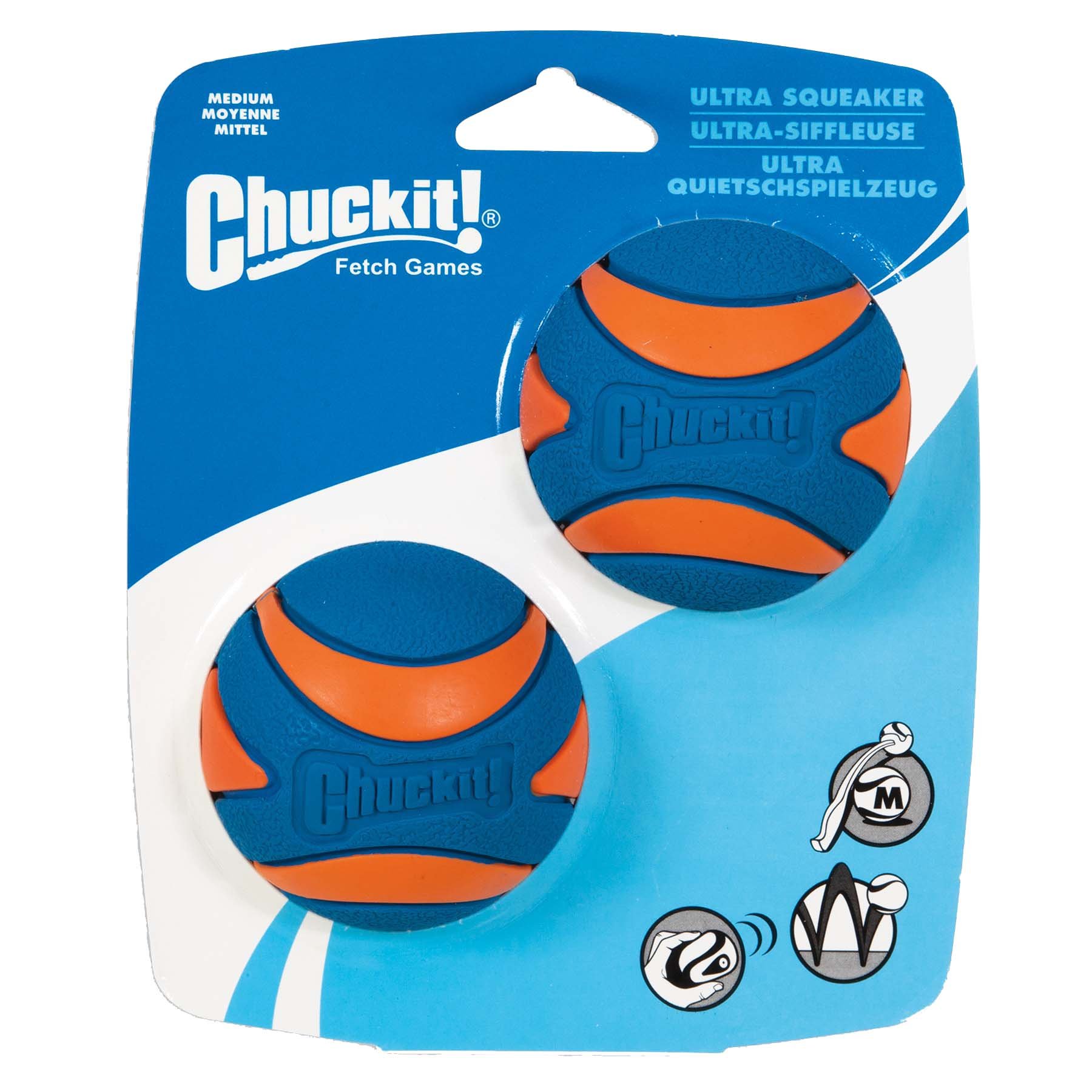 Chuckit Ultra squeaker ball met Pieper - Apporteren - Hondenspeelgoed - blauw/oranje - 15.8x14.6x7 cm - M