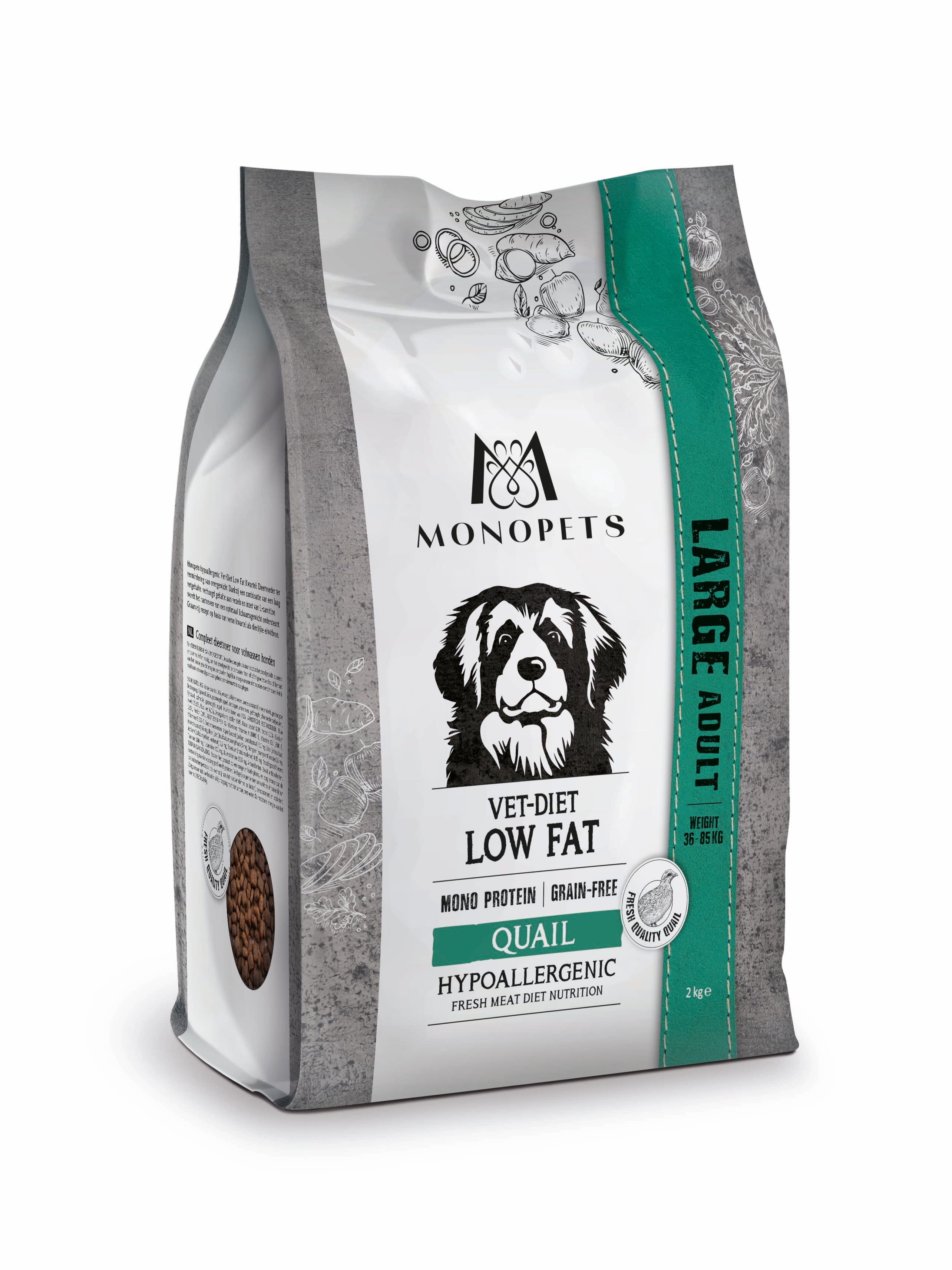 Monopets Large Vet-Diet Low Hypoallergeen Monoprotein - Hondenvoer - 2 Kilogram - kwartel