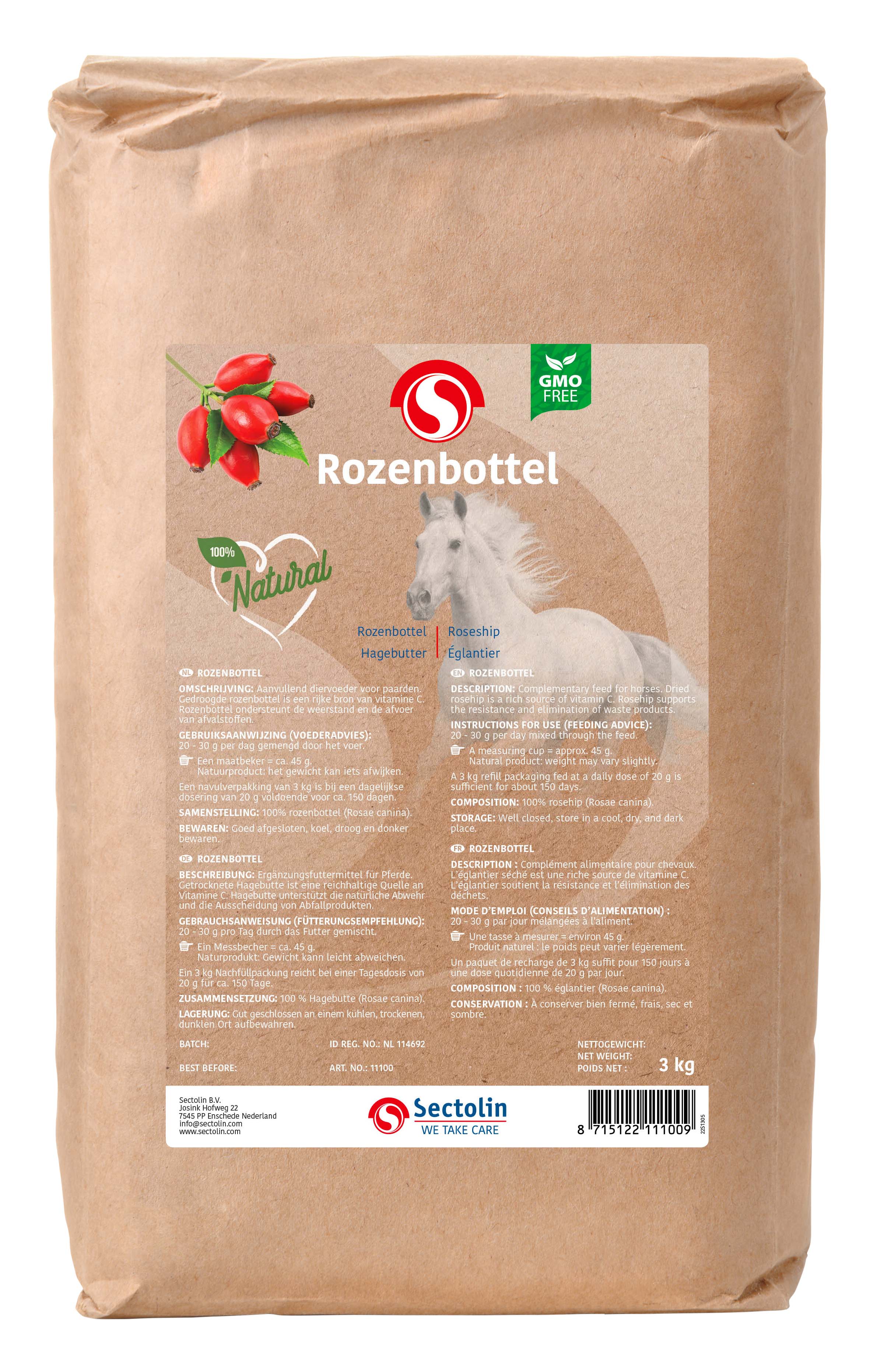 Sectolin Rozenbottel Kruid Navulverpakking - Weerstandsupplement Paard - 3 Kilogram - Zak