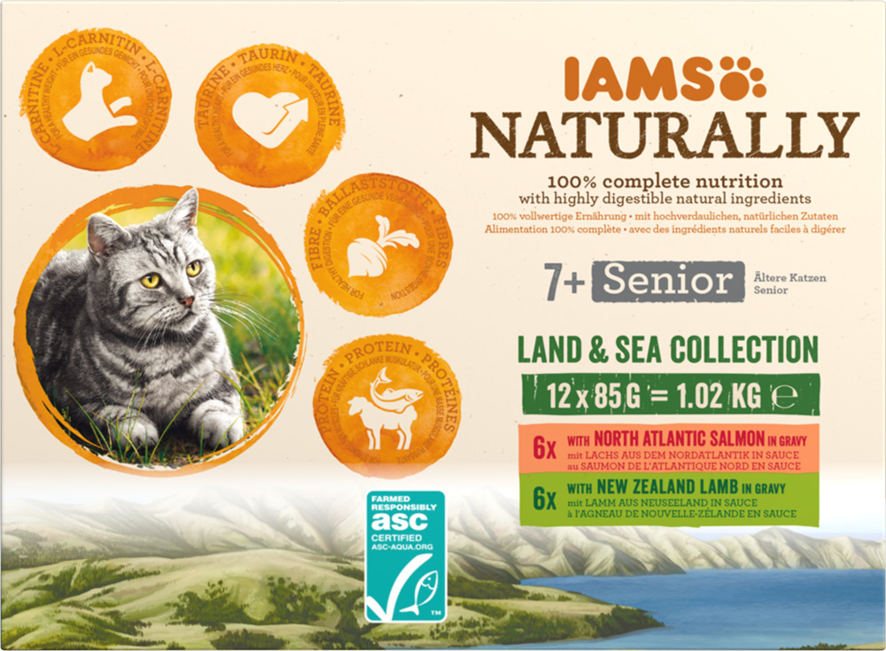 IAMS Naturally 7+ Senior Land & Sea - Kattenvoer - 12x85 gram - 1020 Gram - zalm