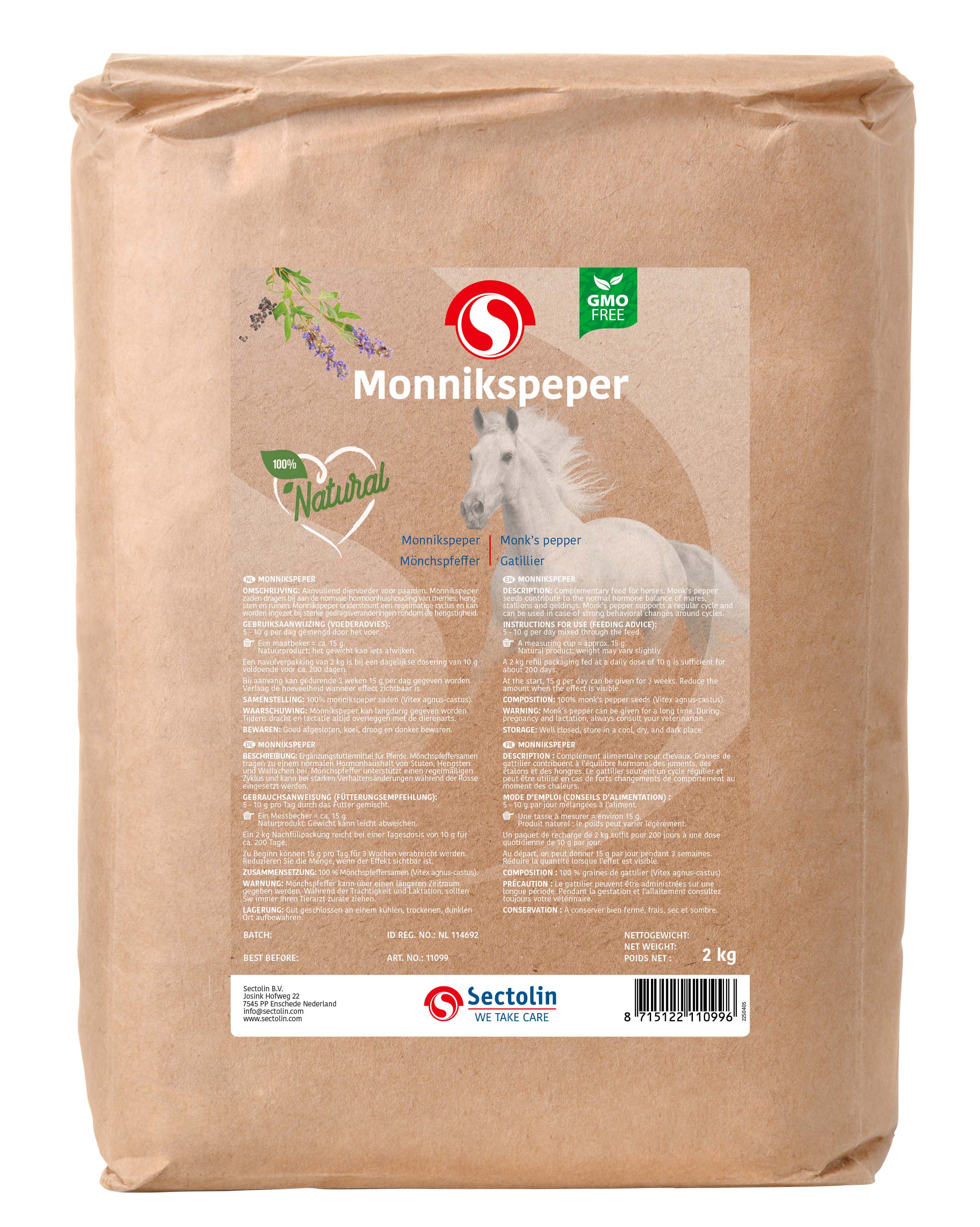 Sectolin Monnikspeper Kruid Navulverpakking - Hormoonsupplement Paard - 2 Kilogram - Zak