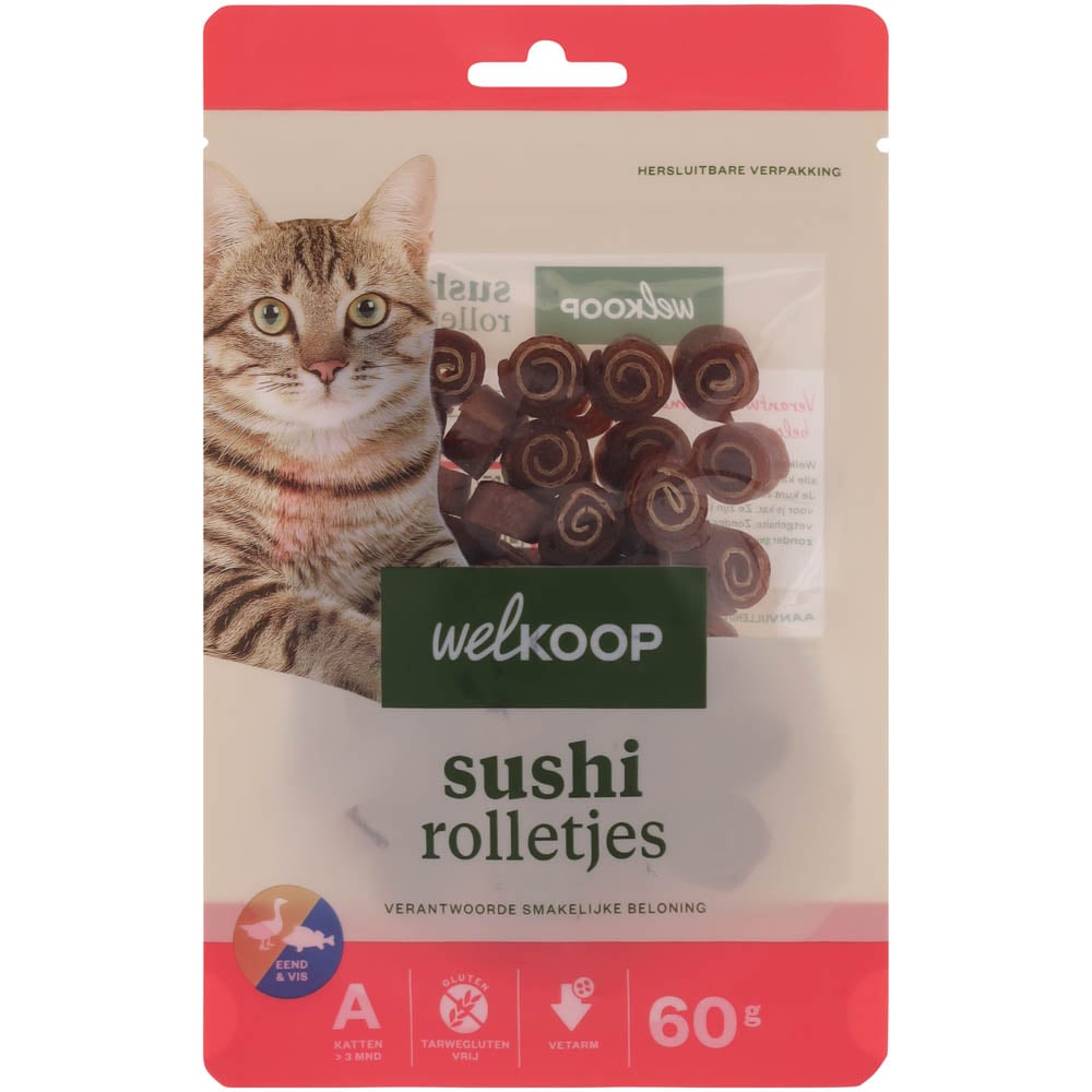 Welkoop Sushi rolletjes - Kattensnack - 60 Gram - vis, eend Welkoop Sushi rolletjes - Kattensnack - 60 Gram - vis, eend