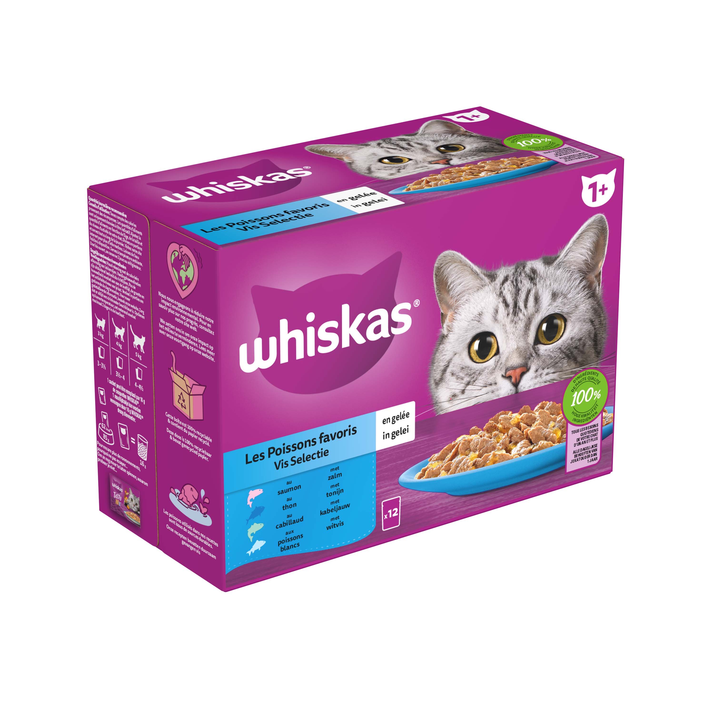Whiskas  1+ Vis Selectie in gelei - Kattenvoer - 12x85 gram - 1020 Gram - gelei
