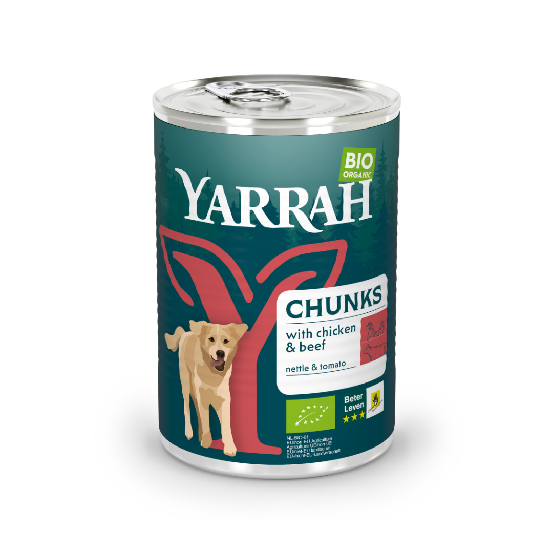 Yarrah Chunks Bio Brokjes In Saus - Hondenvoer - 405 Gram - rund Yarrah Chunks Bio Brokjes In Saus - Hondenvoer - 405 Gram - rund