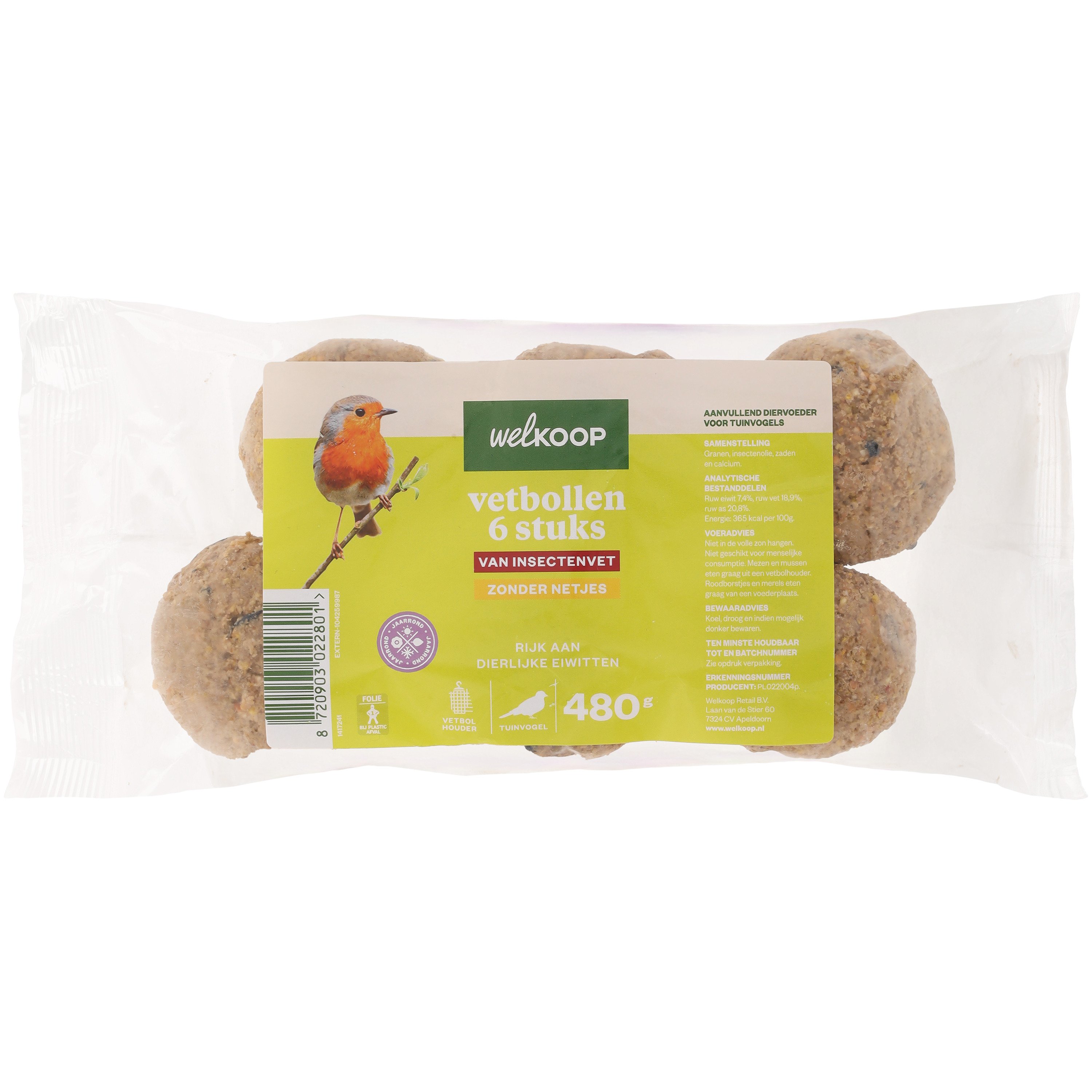 Welkoop - Vetbollen van Insectenvet - zonder netje  - Tuinvogelvoer - 6 Stuks - insecten