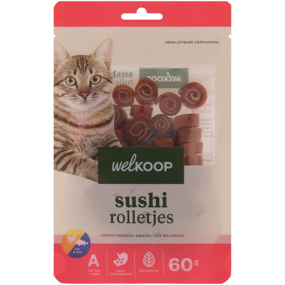 Welkoop Sushi rolletjes - Kattensnack - 60 Gram - vis, kip Welkoop Sushi rolletjes - Kattensnack - 60 Gram - vis, kip