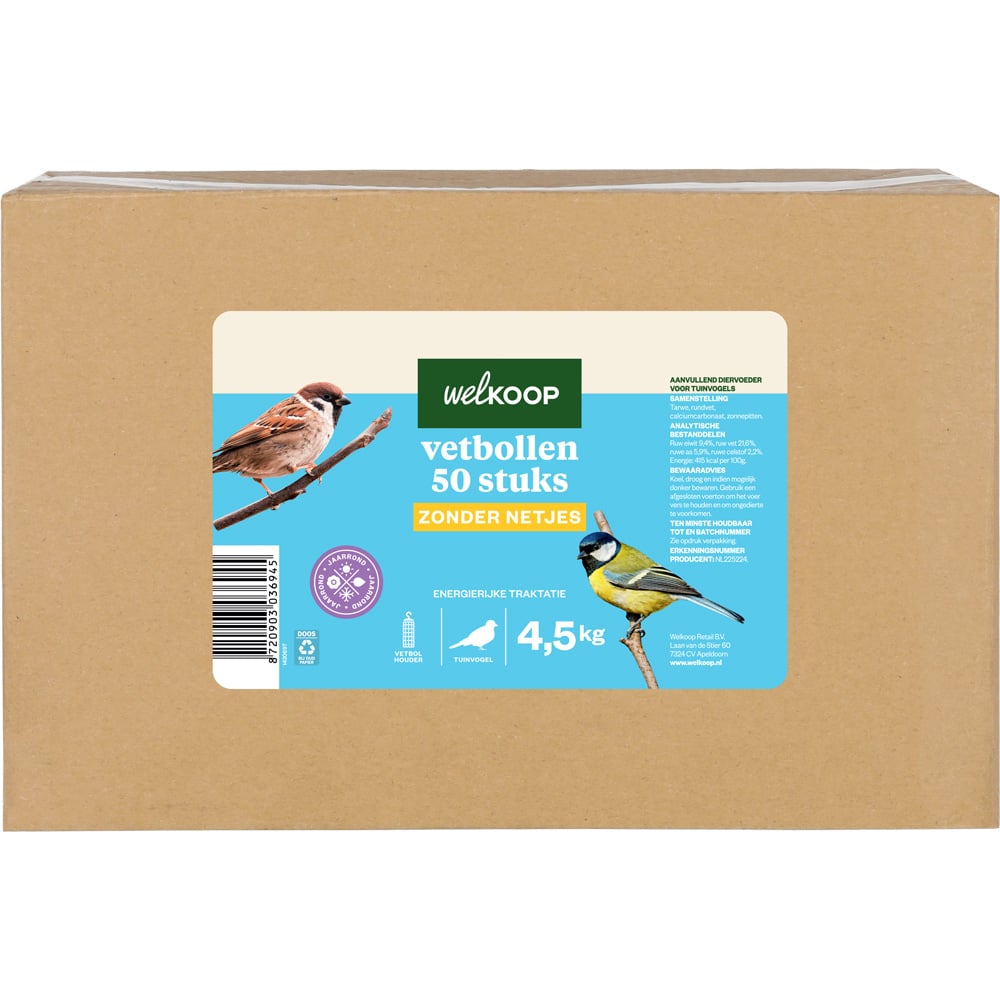 Welkoop - Vetbollen zonder netje in doos - Tuinvogelvoer - 4.5 Kilogram - Original
