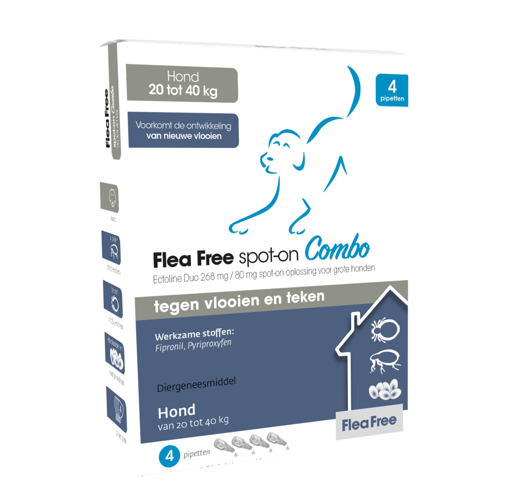 Flea Free Spot-On Combo - Pipetten - Anti vlooien en teken Hond - 4 Stuks - L Flea Free Spot-On Combo - Pipetten - Anti vlooien en teken Hond - 4 Stuks - L