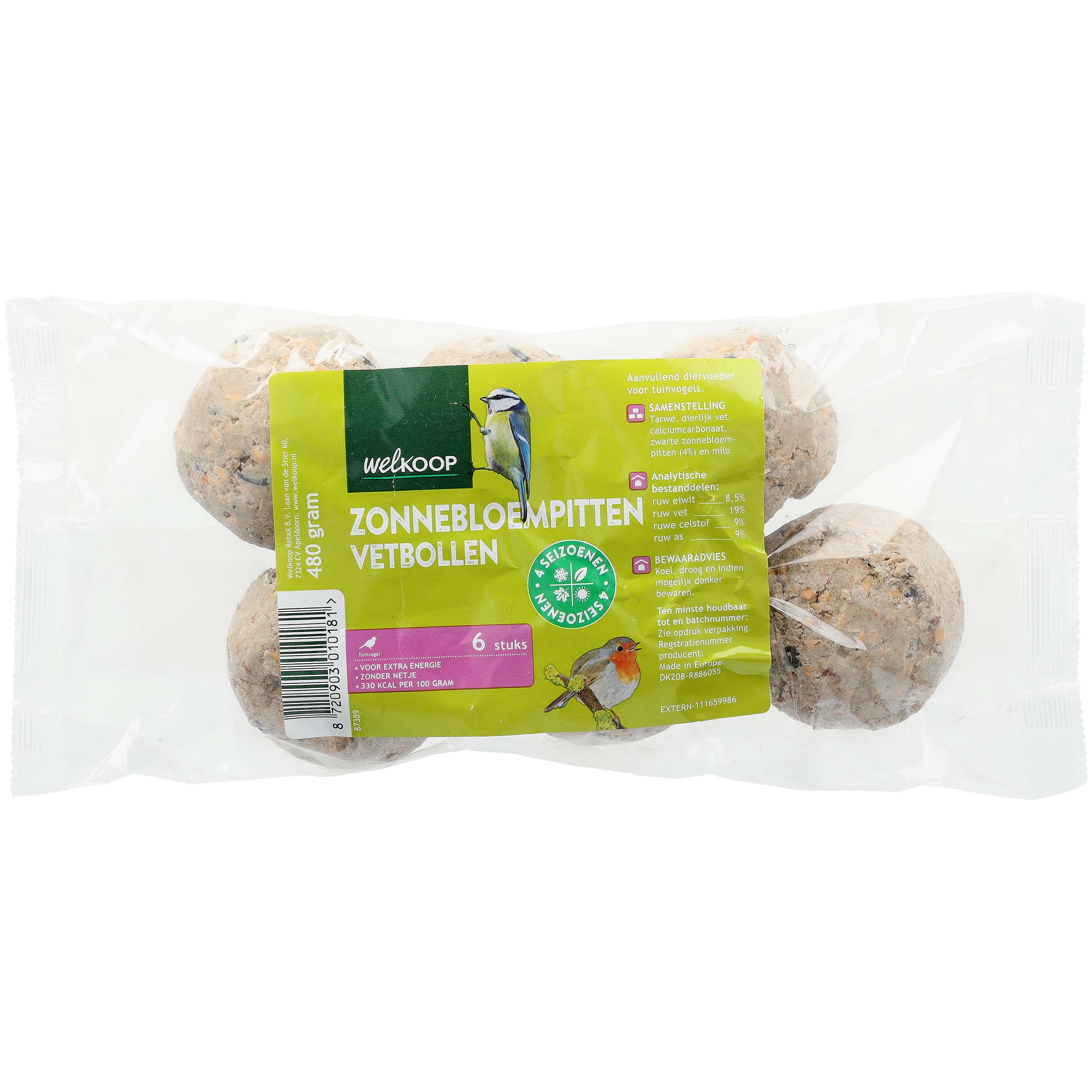 Welkoop Vetbollen met zonnebloempitten zonder netje - Tuinvogelvoer - 6 Stuks - Zonnebloempitten