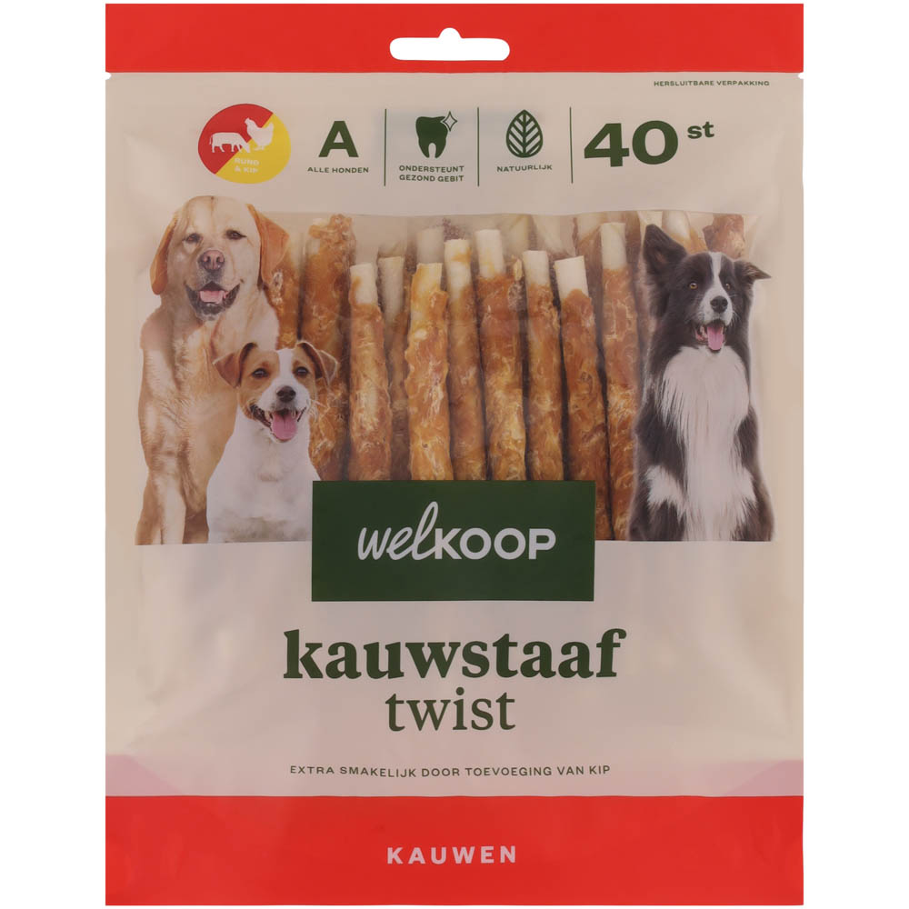 Welkoop - Kauwstaaf Twist - Extra Kipsmaak - 40 Stuks - kip