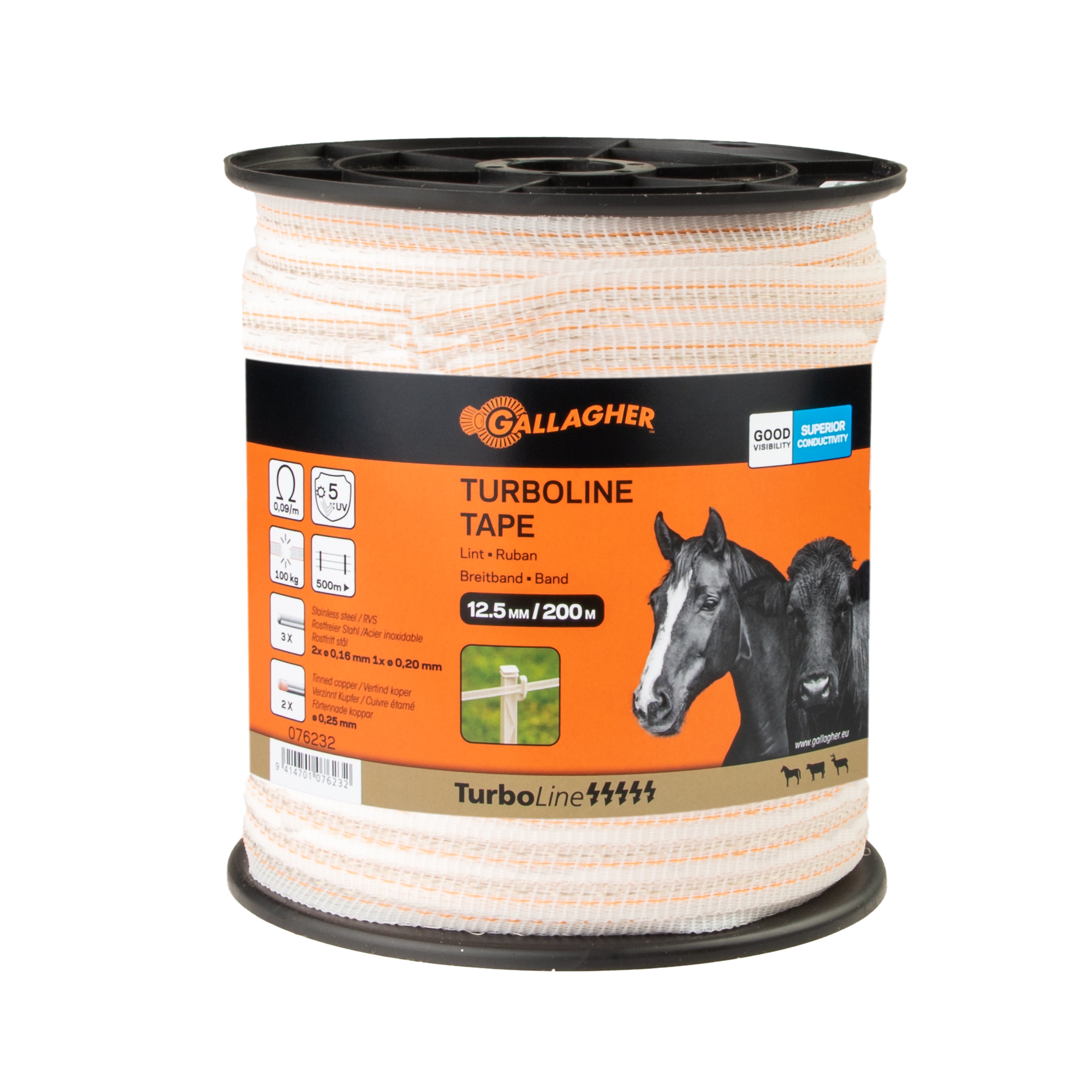 Gallagher TurboLine Lint 12,5 mm - 16.2 cm - 200 Meter - Wit - 1.25 cm - 20000 cm