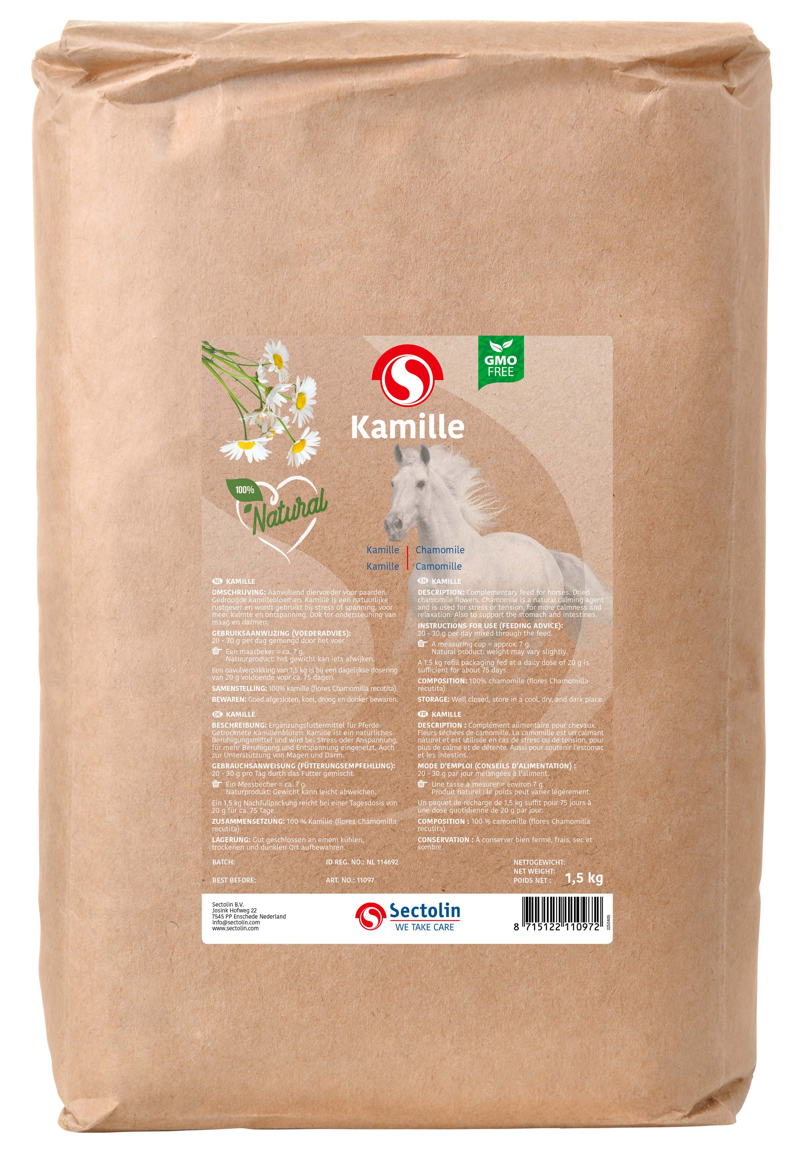 Sectolin Kamille Kruid Navulverpakking - Kalmeringssupplement Paard - 1.5 Kilogram - Zak