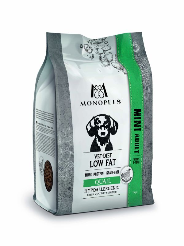 Monopets Mini Vet-Diet Low Fat Hypoallergeen Monoprotein - Hondenvoer - 2 Kilogram - kwartel