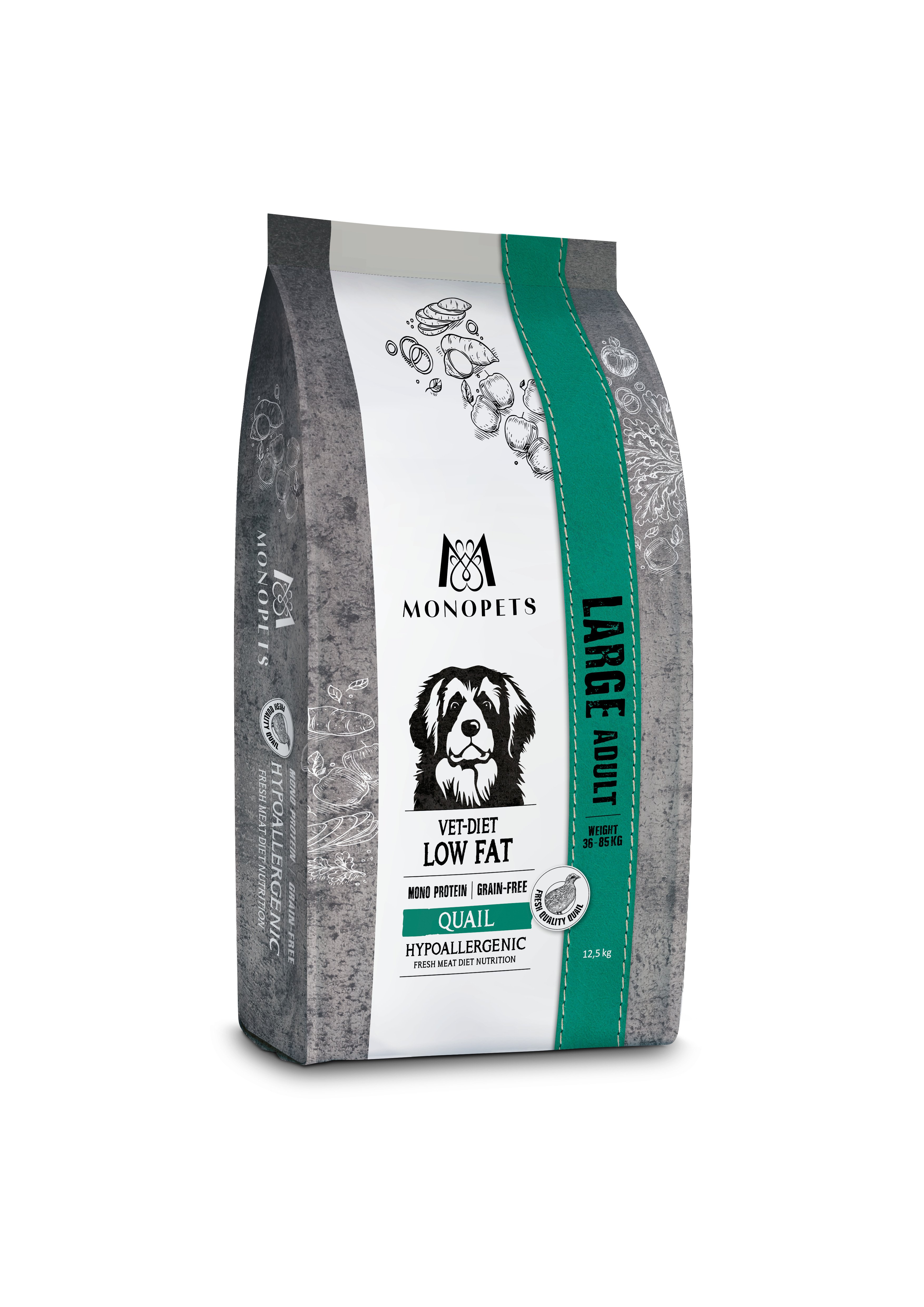 Monopets Large Vet-Diet Low Hypoallergeen Monoprotein - Hondenvoer - 12.5 Kilogram - kwartel