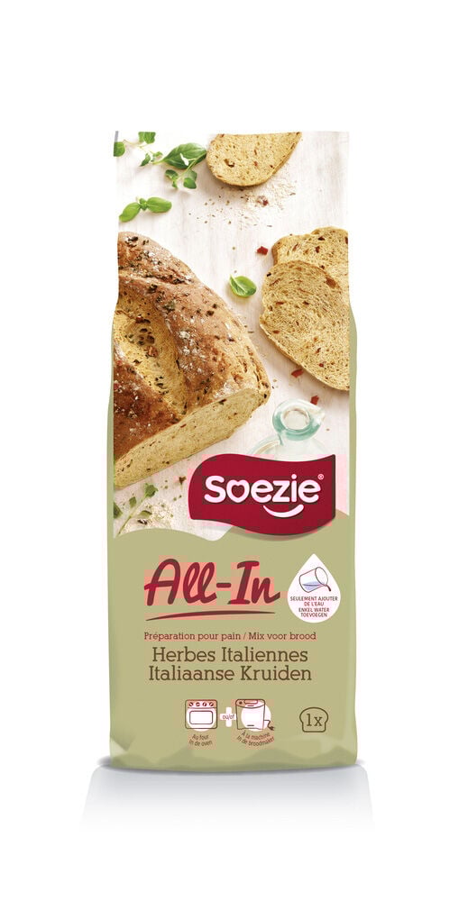 Soezie All-in-mix Italiaans kruidenbrood - Broodmeel - 500 Gram Soezie All-in-mix Italiaans kruidenbrood - Broodmeel - 500 Gram
